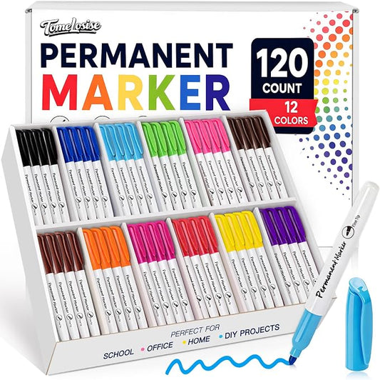 Permanent Markers Bulk, 120 Pack Fine Point Markers in 12 Assorted Colors, Quick Dry & Waterproof Markers for Plastic, Glass, Wood & Metal, Back to School Supplies