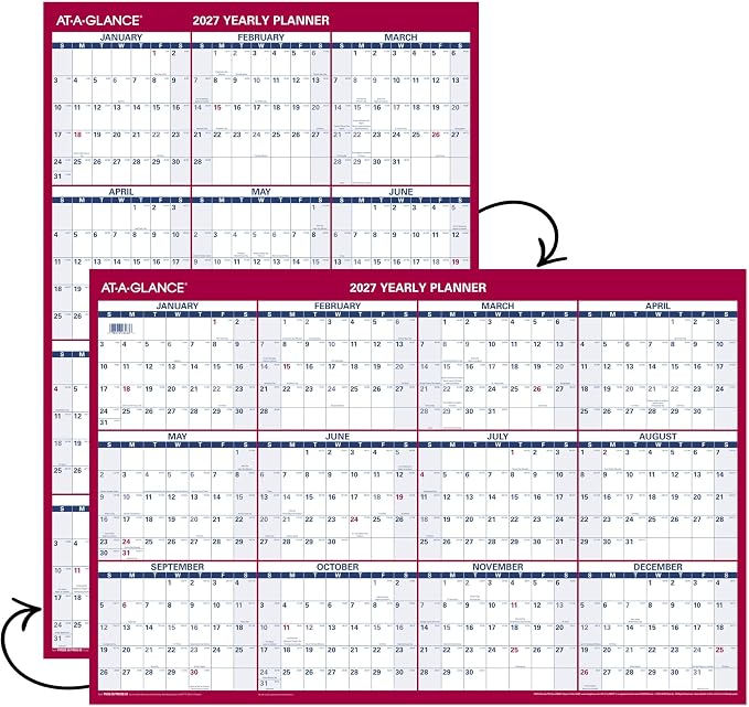 AT-A-GLANCE 2027 Erasable Calendar, Dry Erase Wall Planner, 36" x 24", Vertical-Horizontal, Reversible, Includes Marker (PM262827)