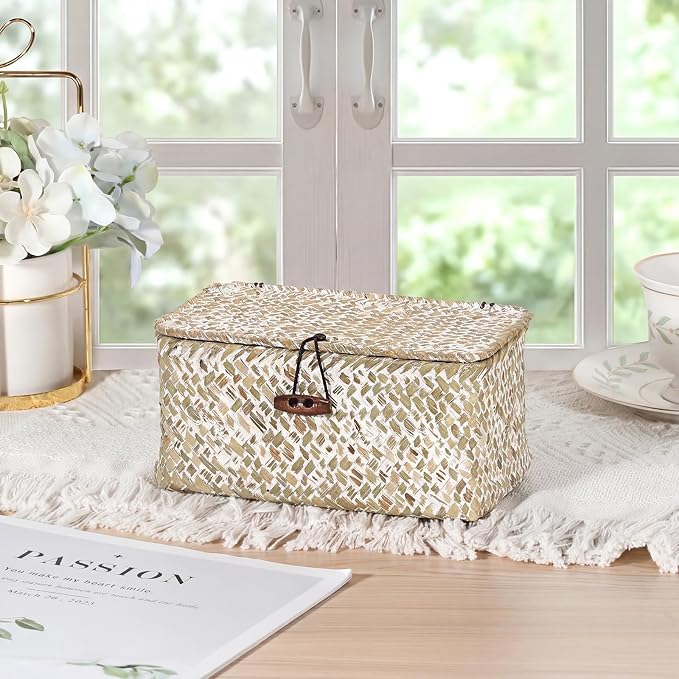 Handwoven Seagrass Basket Wicker Shelf Basket with Lid Rectangular Multipurpose Desktop Organizer Bin for Key Remote Control,Whitewash,7.0"x 4.3" x 3.3"