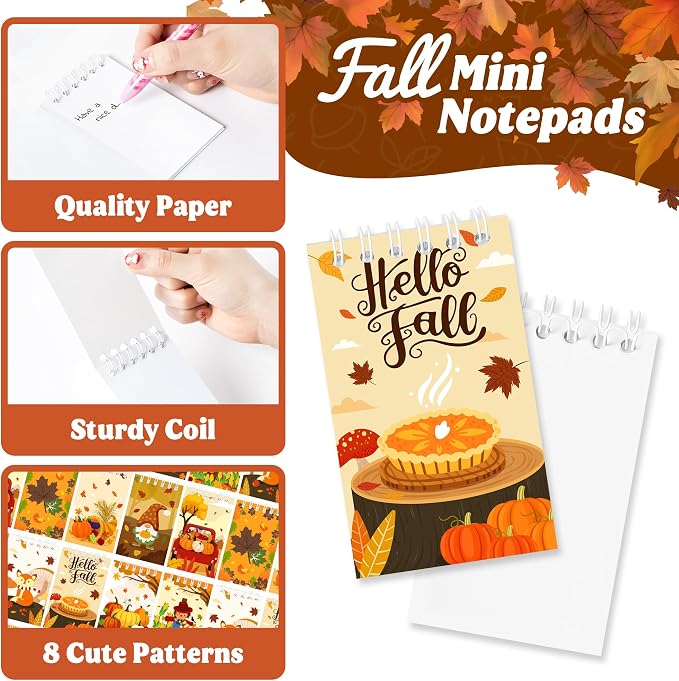 24Packs Fall Mini Notepads Thanksgiving Pumpkin Maple Leaves Spiral Notebooks Pocket Journal Memo Pads for Hello Autumn Seasonal Holiday Party Favors Gift Goodie Bag Stuffers School Classroom Rewards