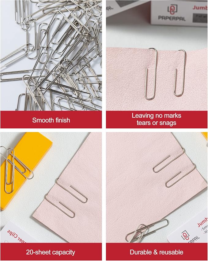 PAPERPAL Paperclips for Office School & Personal Use, Jumbo Smooth Paper Clip (2"), 1000 Large Paper Clips (10 Boxes of 100 Each), Silver | Value bulk pack of 1,000 large paper clips for offices, schools and businesses, packed in 10 boxes of 100 each.