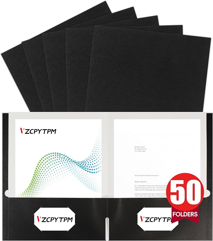 VZCPYTPM 50 Pack Black Folders with Pockets,2 Pocket File Folders for Letter Size (8.5 x 11 Inch),Professional Design with Business Card Slot for Office and School Organization