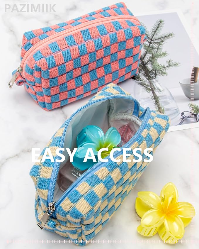 Checkered Makeup Bag for Purse, Small Travel Cosmetic Pouch,Blue Beige | Cute Zipper Makeup Organizer for Women, Travel Essentials, Toiletries, Makeup Brushes, Beauty Accessories&Bridesmaid Gifts