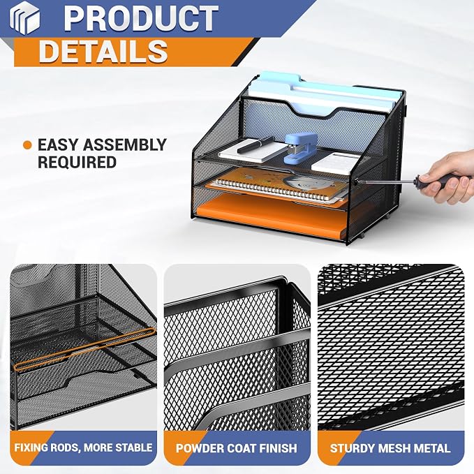 GAWERK Letter Tray Organizer, Mesh Desk File Organizer with 3 Paper Trays and 2 Vertical Upright Section (Blue)