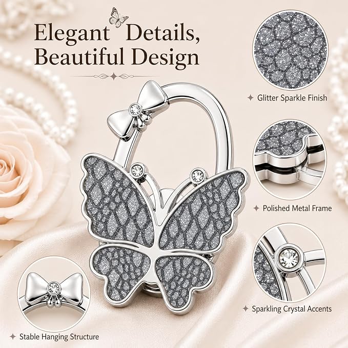 Purse Hook for Table, Foldable Handbag Hanger for Women, Portable Bag Holder with Non-Slip Base, Cute Lychee Grey Butterfly Purse Table Hook for Restaurant Office Travel Gift