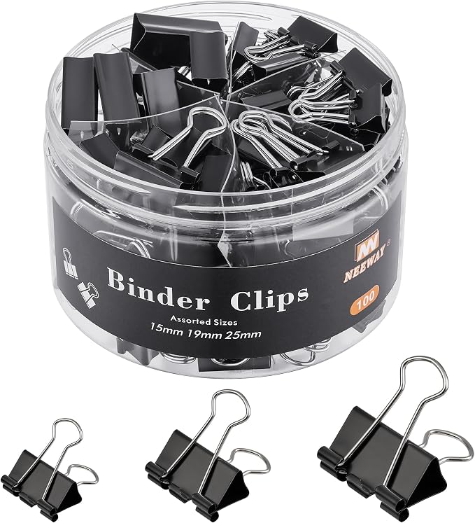 NEEWAY 100 Count Binder Clips Assorted Sizes, Paper Binder Clips (0.6inch 0.75inch 1inch), Metal Paper Clamps for Office and Home, Black
