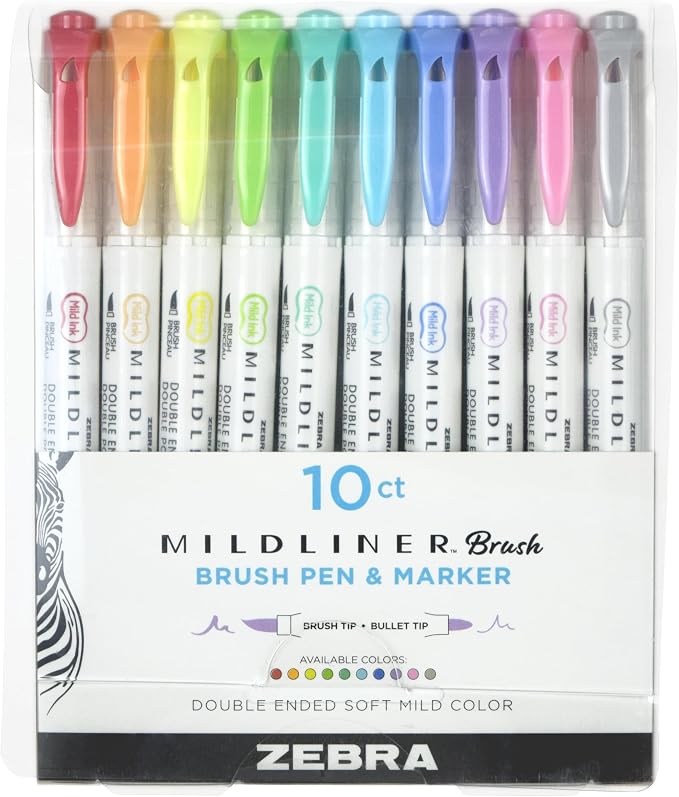 Zebra Pen MILDLINER No Bleed Brush Pen, Assorted Soft, Dual Tip, 10-Pack