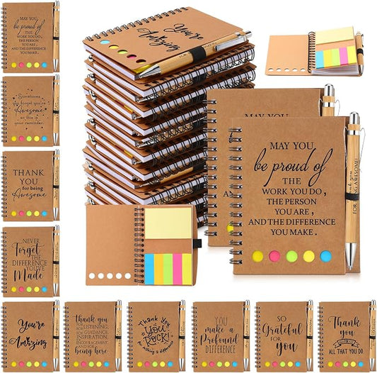Honoson 50 Set Back to School Teacher Appreciation Gifts Bulk Inspirational Notebook with Sticky Note and Bamboo Pen Set Coworker Thank You Gifts for Employee Team Staff Office Group (Kraft)