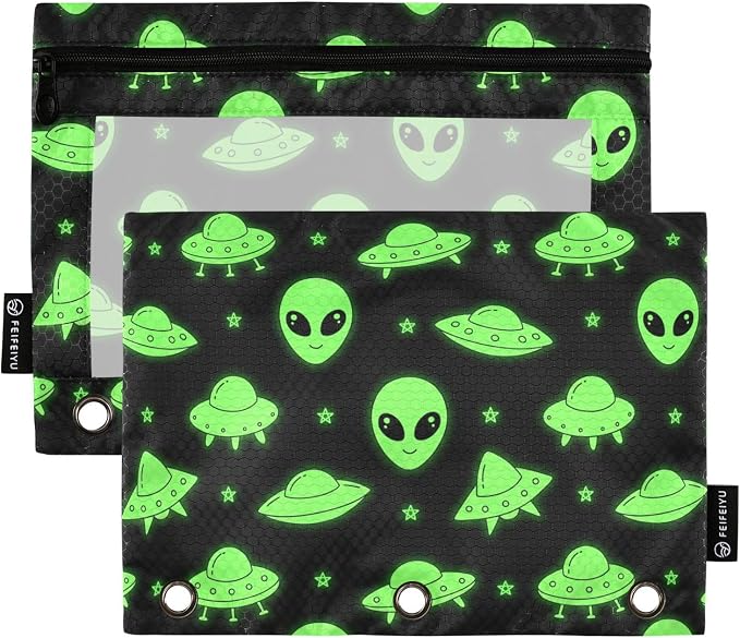 Alien UFO Pencil Pouches for 3 Ring Binder, Zipper Binder Pencil Case, 2 Pack Clear Window Case Bag for Office Organizers
