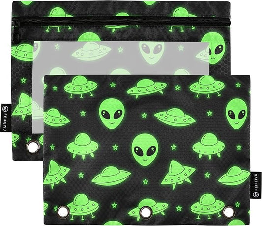 Alien UFO Pencil Pouches for 3 Ring Binder, Zipper Binder Pencil Case, 2 Pack Clear Window Case Bag for Office Organizers