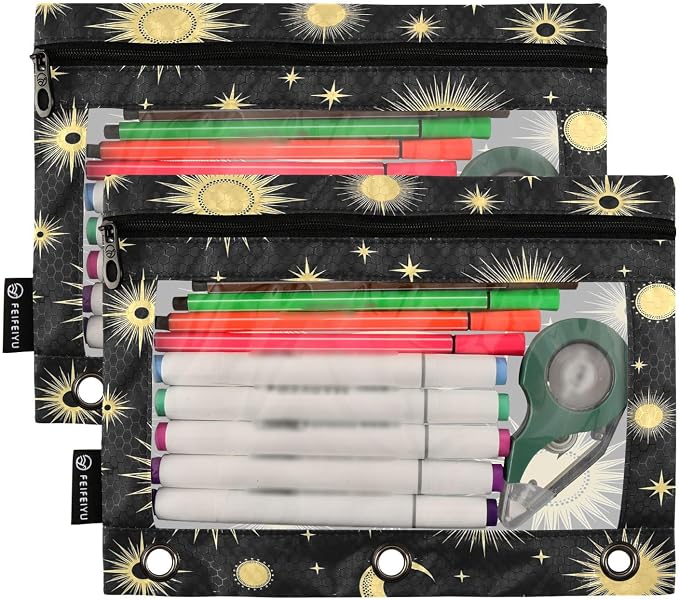 Gredecor 3 Ring Binder Pencil Pouch, Golden Moons Stars Zippered Pen Case Pouches with Clear Window, 2 Pack Stylish Office & School Supplie