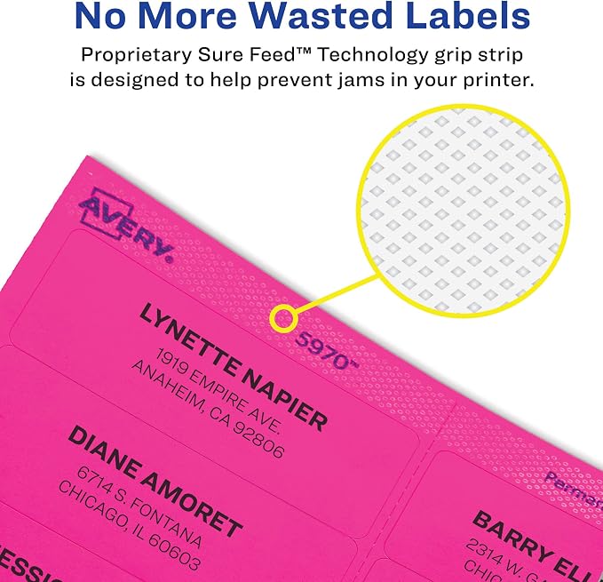 Avery Printable Address Labels, Sure Feed Technology, 1" x 2-5/8", Neon Yellow, Laser & Inkjet Compatible, 750 Blank Labels, Great for Branding, Mailing, Organizing, and More (5972), (Pack of 5)