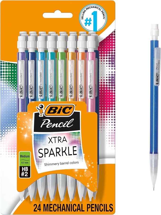 BIC Xtra-Sparkle Number 2 Mechanical Pencils With Erasers, Medium Point (0.7mm), 24-Count Pack, Mechanical Pencils for School Supplies