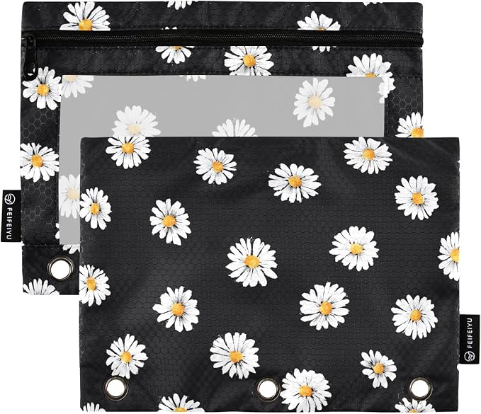 White Daisy Flower Black Pencil Pouch for 3 Ring Binder 2 Pack Zipper Binder Pencil Bag with Clear Window Pencil Case for Office Supplies