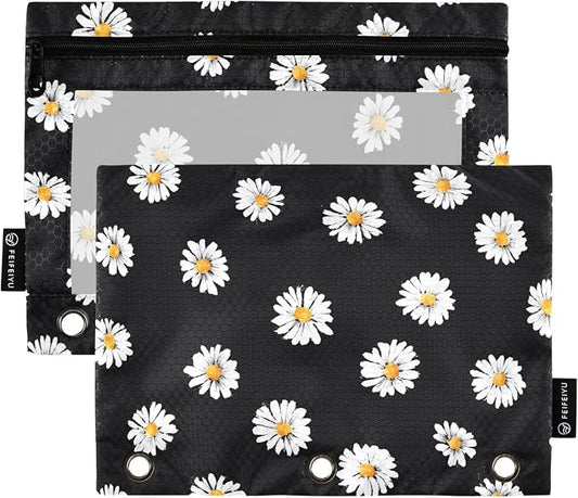 White Daisy Flower Black Pencil Pouch for 3 Ring Binder 2 Pack Zipper Binder Pencil Bag with Clear Window Pencil Case for Office Supplies