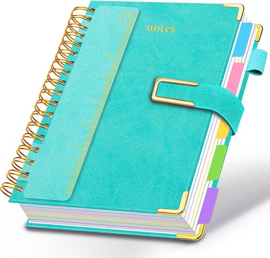 Hardcover Spiral Notebook College Ruled, 6.2"x 8.2" Leather Journal Notebook with Magnetic Closure, 300 Pages 5 Subject Notebook with Dividers Tabs Journal for Women Men, Work, School(Blue)