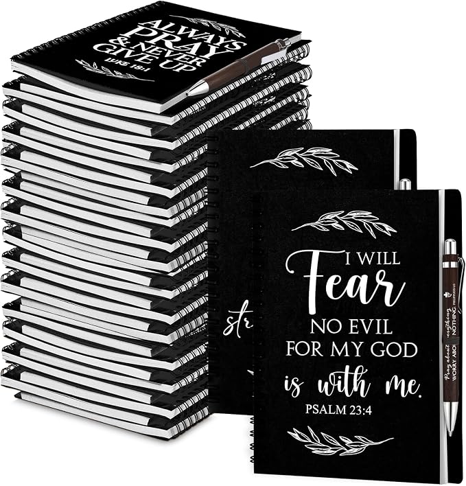 Kosiz 60 Pcs/ 30 Set Christian Gift Bulk A5 Spiral Notebook 5.5"x8.3" Christian Prayer Journal Bible Ballpoint Pen Religious Gift for Women Sunday School Church Member Back to School Gifts (Black)