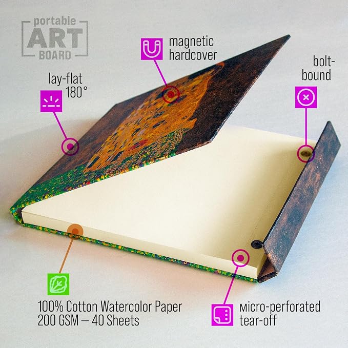 Watercolor Paper Pad — Magnetic Hardcover — 100% Cotton Watercolor Paper, Cold Press 200 GSM — 40 Sheets — Lay-Flat Watercolor Sketchbook — Art Supplies — KIROSKETCH (Klimt The Kiss 9x12 inch (A4)