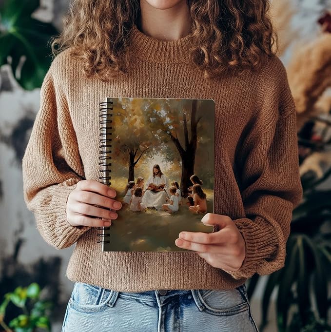 bitCNY Christian Notebook 5.5x8.3 Inches – Jesus with Children Illustrated Faith Journal, Religious Spiral Notebook for Bible Study or Gifts