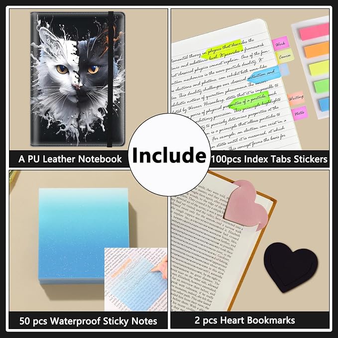 A5 Leather Lined Journal Notebook, 200 Pages Hardcover Executive Notebook for Men Women Office School Note Taking, Thick Writing Paper Daily Journal with Bookmarks/Indexes, Black and White Cat