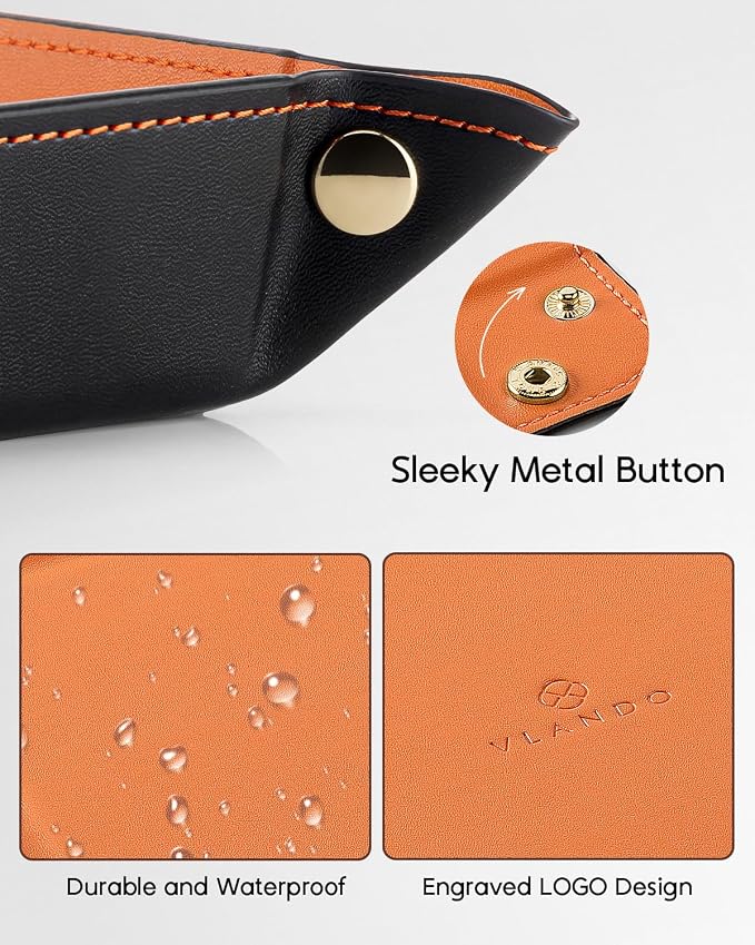 VLANDO Travel Valet Tray, Foldable PU Leather Catchall Tray, Orange Black | Valet Tray for Men and Women, Key Wallet Watch Phone Jewelry Organizer for Nightstand, Dresser, Desk, Entryway, Hotel, Dorm