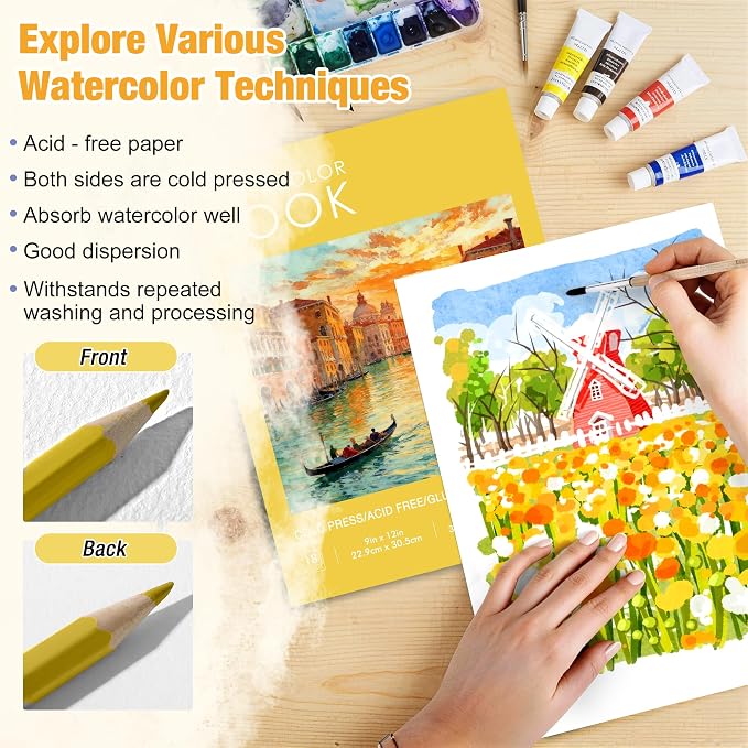 Watercolor Paper Pad, 9"x12" Water Color Paper, 140lb/300gsm, 18 Sheets - Artist Grade for Watercolor, Painting & Mixed Media - Watercolor Sketchbook Journal & Drawing Pad for Adults & Kids, Yellow