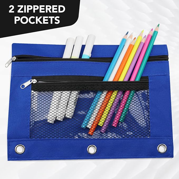 3 Ring Pencil Pouch for Binder, 2-Pocket Zipper Pencil Case with Clear Window & Mesh Pocket, 600D Oxford Fabric Binder Pouch for School Office Supplies, Fits Standard 3-Ring Binders, Blue