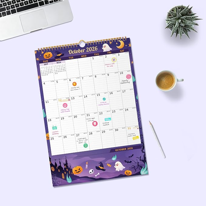 Ospelelf Wall Calendar 2026-2027 with Storage Pockets, 17" X 12" Monthly Large Planner Pad with Protective Cover and Stickers, for Family Fridge Office Teacher Student, Use July 2026 to December 2027 Season