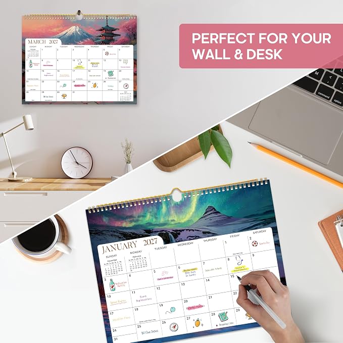 Calendar 2026-2027, 21-Month Wall Calendar Runs from Apr 2026 to Dec 2027,11.5" x 14.7",Large Monthly Calendar with Twin-Wire Binding, Perfect for Home or Office - Global Attractions