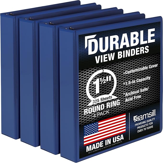 Samsill 4 Pack Durable 1.5 Inch 3 Ring Binders, Round Ring, Clear View Cover for Presentations, Blue
