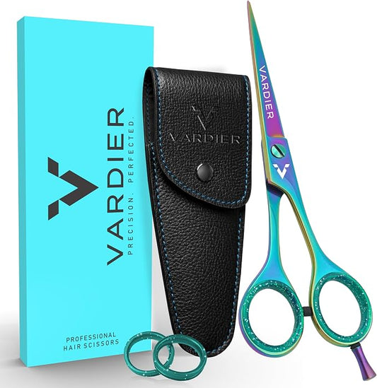 6.5” Hair Cutting Scissors – Professional Stainless Steel Barber Shears with Micro-Serrated Blades, No-Slip Precision Cut – Gift-Boxed with Leather Pouch for Salon & Home (Rainbow)