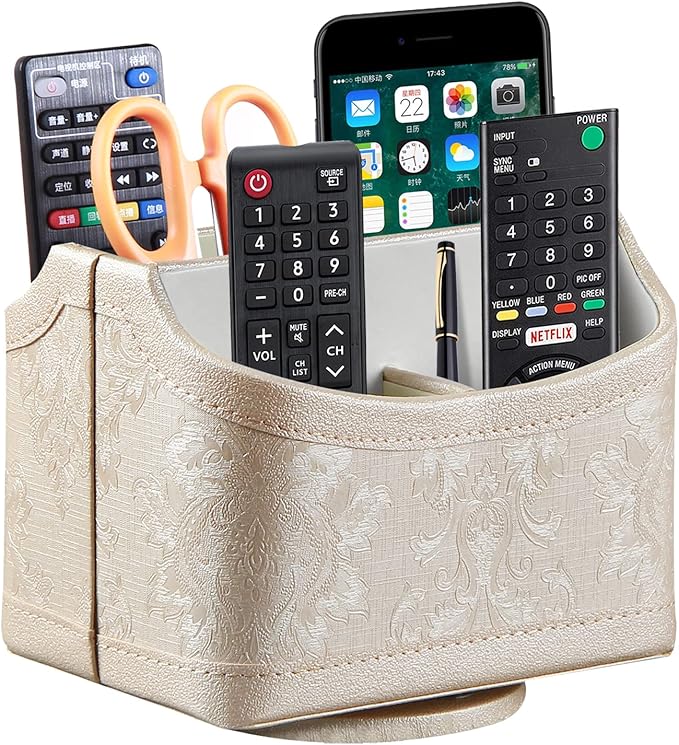 PUSU Leather 360°Rotatable Remote Control Holder,Nightstand TV Remote Caddy | Office Supplies Desktop Organizer,Spinning Storage Box for Pen,Mail,Phone,DVD, Blu-Ray,Media Player,Heater Controllers