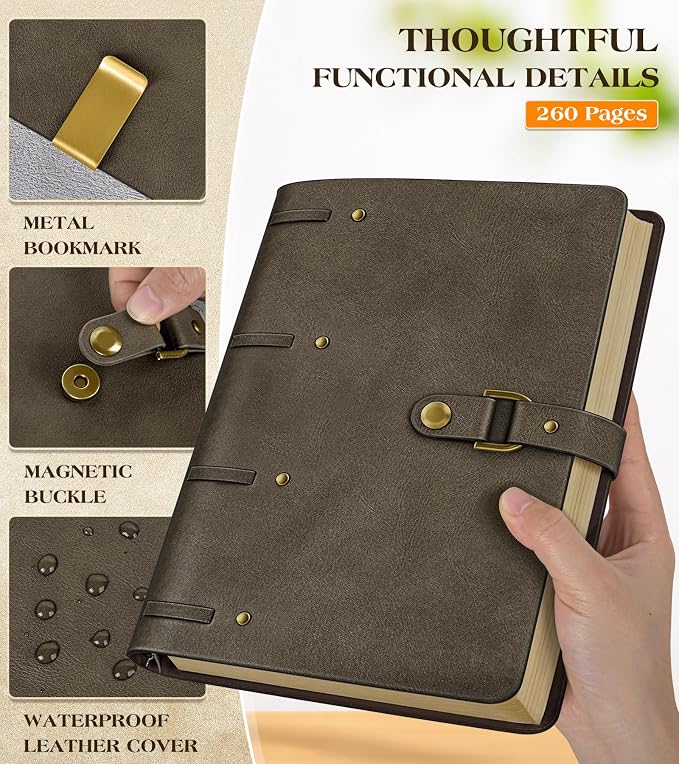 Leather Journal Notebook, A5 Size 6.9 x 9 inches 260 Pages Refillable Vintage Travel Notebook with Gift Box, 100 GSM Thick Lined Paper Journal Writing Diary Note Taking for Men and Women – Dark Brown