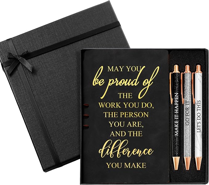 Resurhang 5 Pcs Employee Appreciation Gift Leather Journal Notebook 3 Ballpoint Pens with Box Thank You Back to School Gift for Teacher Boss Nurse Assistant Coworker Women(Black)