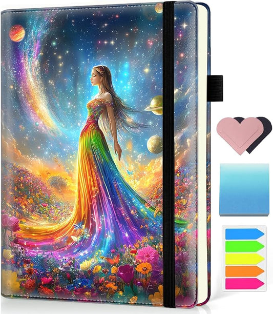 Hardcover Executive Notebooks, A5 PU Leather Lined Journal Notebook, 200 Pages Thick Paper Subject Notebooks for School,Work,Home Writing Business Notebook, Diary Book ，Rainbow Cosmic Garden Girl