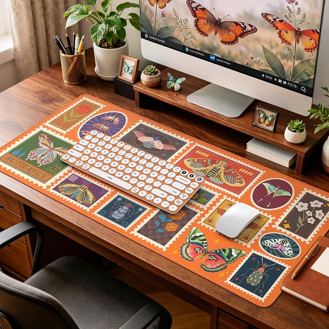 iCasso Insect Mouse Pads for Desk, Cute Computer Mat, XXL Desk Mat for Keyboard and Mouse, Aesthetic Bug Collage Mousepad with Stitched Edges, Keyboard Pad for Computer(Retro Orange)