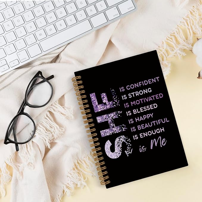 She Is Me Affirmations Spiral Notebook, Purple Black Inspirational Self Care Journal Notebook, Self Love Notebooks for School Work, Positive Office Supplies Gifts for Women Girls, 5.5x8.3 Inch