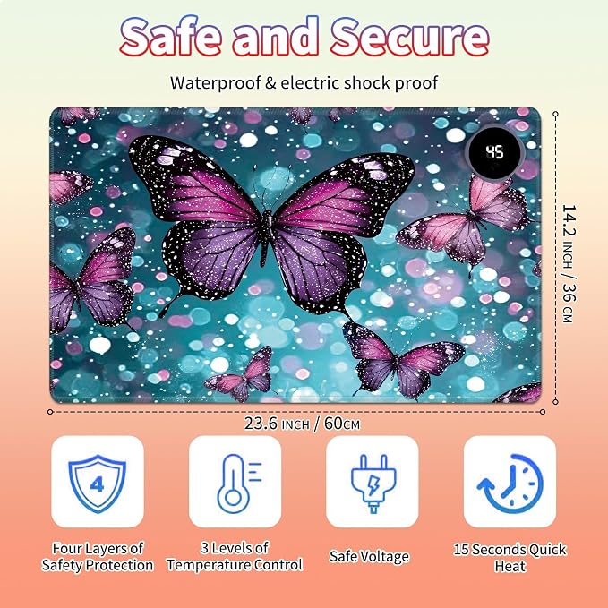 Heated Desk Pad Large Mouse Pad 23.6 x 14.1 inch with 3 Levels Heating & Auto Shut-Off Warm Mouse pad PU Leather Computer Mousepad for Home Office Work - Green Glitter Butterflies
