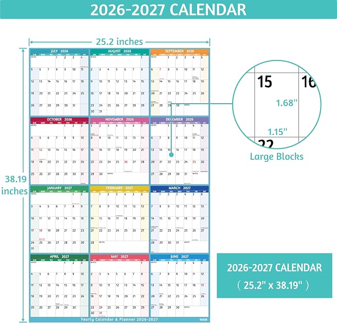 Yearly Wall Calendar 2026-2027 - Large Yearly Calendar Vertical, Jul 2026 - Jun 2027, 25.2" x 38.2" (Open), Calendar 2026-2027, Large Wall Calendar, Full Year Paper Calendar with Notes, Thicker Paper