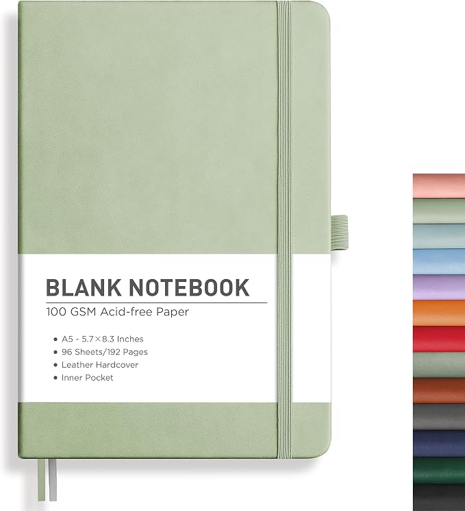 RETTACY Blank Journal Notebook, 192 Pages, A5 Medium Size (5.7'' x 8.3'') | Leather Hardcover, 100 GSM Thick Paper, for Sketching, Drawing, Painting (Light Green)