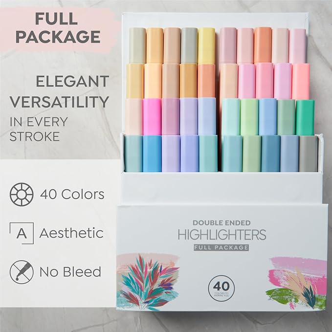 BLIEVE Bible Highlighters No Bleed, Pastel Colors, Dual Tip, 40 Pack | Aesthetic Cute Highlighters, Chisel Tip & Fine Point For Bible & Journaling