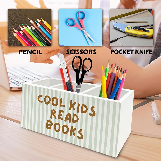 Cool Kids Read Books Pen Pencil Holder Organizer for Desk, Book Lover Reader Bookworm Gifts Wooden Box Signs Decorations for Reading Corner Nook Room Classroom Desk Tabletop, Reading Room Decor