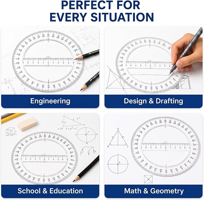 Zonon 2 Pack 360 Degree Protractor, 6 Inch Multifunctional Drawing Ruler Rotatable Mathematical Function Math Geometry Ruler Set, Large Clear Circle Protractor Drafting Tools for Engineering(Classic)