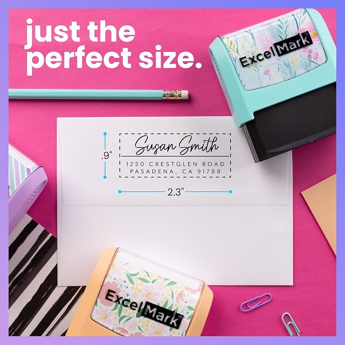 ExcelMark Address Stamp - Custom Return Address Stamp with Elegant Designs, Vibrant Colors & Patterns – Perfect for Mail, Invitations & Gifts (Violet, Metro Line)