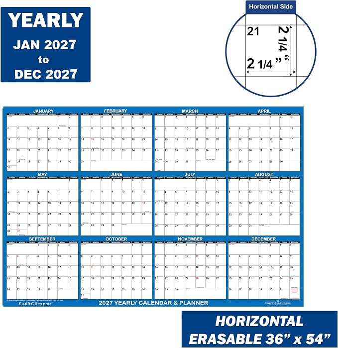 36" x 54" SwiftGlimpse 2027 Wall Calendar Erasable XXLarge Wet & Dry Erase Laminated 12 Month Annual Yearly Wall Planner, Reversible, Horizontal/Vertical, Navy