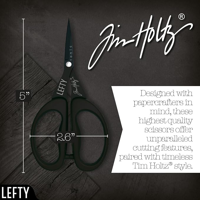 Tim Holtz Left Handed Scissors - 5 Inch Mini Snips with Micro Serrated Blade - Lefty Craft Tool for Cutting Paper, Fabric, and Sewing - Titanium with Black Comfort Grip Handles