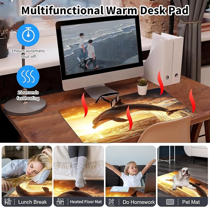 Heated Desk Pad Mouse Pad,Heated Desk Mat,with 3 Heating Levels & 3 Hours Auto Shut-Off,Leather 23.6"*14.2" Gaming Mouse Laptop Mat,Foot Warmer,Dolphin Sunset