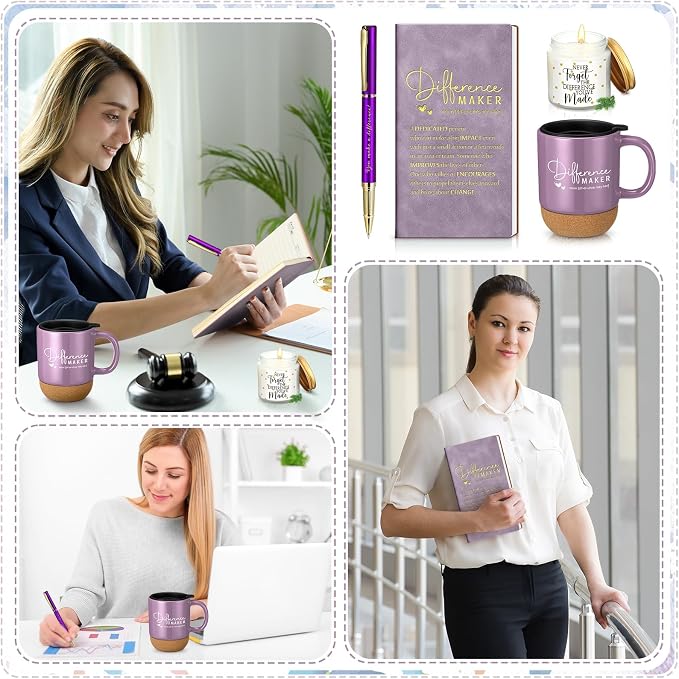 Vesici 4 Pcs Difference Maker Gift Set Mug Notebook Candle Pen,Purple,Word