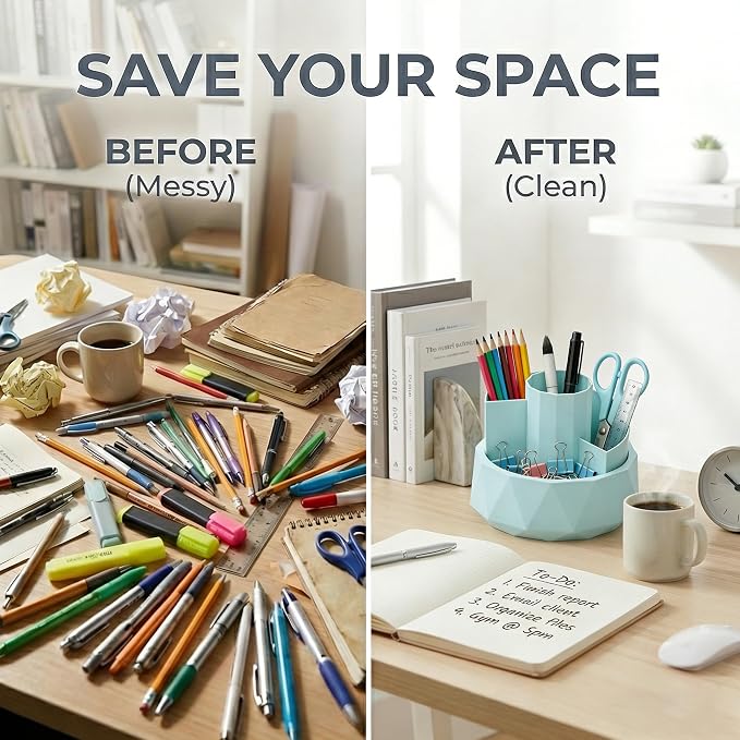 360° Rotating Pen Holder, Large Capacity Pencil Organizer with 4 Compartments for Office and Art Supplies (Blue)