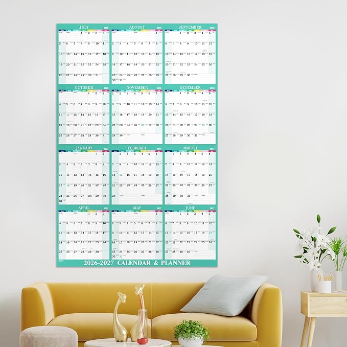 Yearly Wall Calendar 2026-2027 - 2026-2027 Calendar, July 2026 - June 2027 | Yearly Wall Calendar 26-27, 34.8"""" x 22.8"""" (Open), 26-27 Calendars Vertical, One Page for Organizing - Colorful Lump